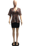 Red Casual Plaid Print Patchwork V Neck Short Sleeve Two Pieces
