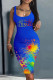 Blue Orange Casual Print Basic U Neck Vest Dress Dresses