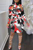 Red Sexy Casual Letter Camouflage Print Hollowed Out Turtleneck Long Sleeve Dresses