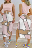 Pink Casual Print Basic O Neck Sleeveless Two Pieces