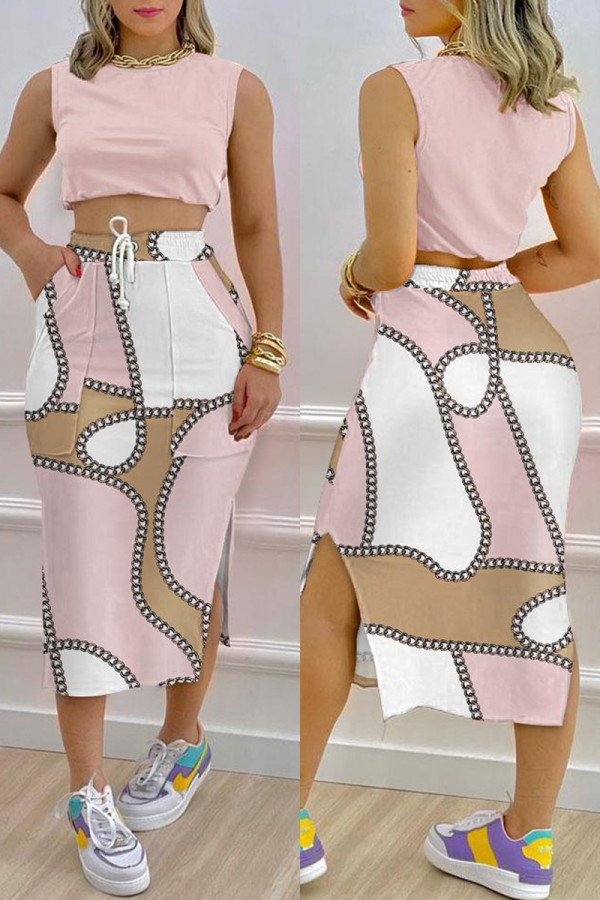 Pink Casual Print Basic O Neck Sleeveless Two Pieces