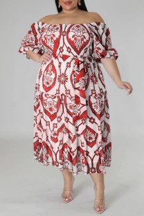 Red Casual Print Backless Off the Shoulder Short Sleeve Dress Plus Size Dresses