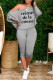 Grey Casual Letter Print Basic Oblique Collar Long Sleeve Two Pieces