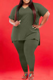 Red Casual Solid Slit V Neck Plus Size Two Pieces