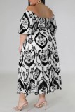 Blue Casual Print Backless Off the Shoulder Short Sleeve Dress Plus Size Dresses