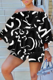 Black Casual Print Patchwork Off the Shoulder Long Sleeve Two Pieces