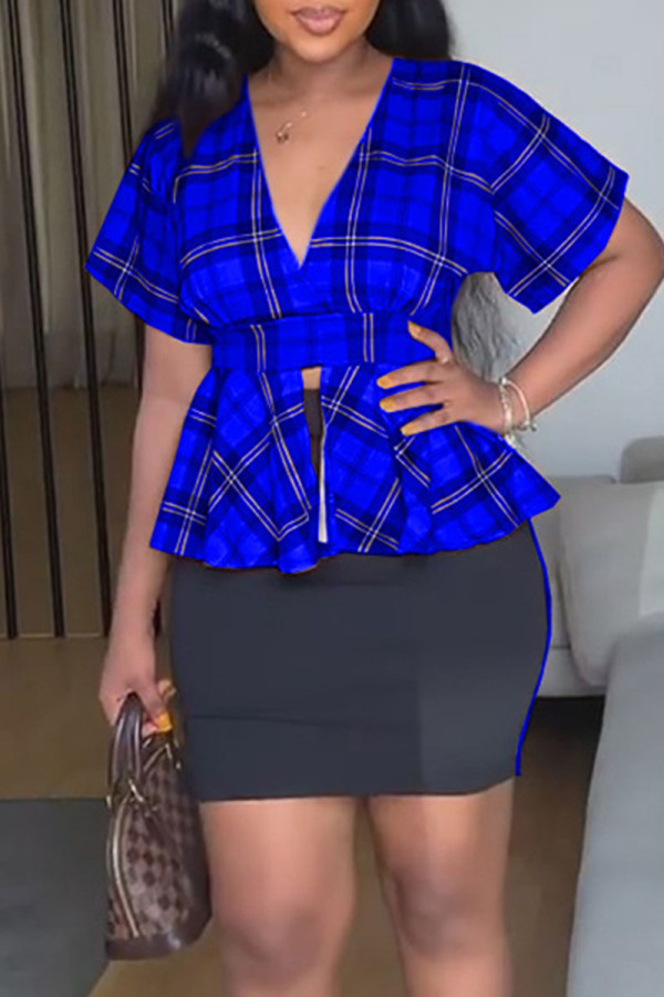 Blue Casual Plaid Print Patchwork V Neck Short Sleeve Two Pieces