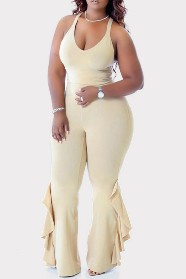 Cream White Sexy Casual Solid Backless V Neck Skinny Jumpsuits