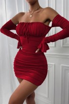Burgundy Sexy Solid Backless Fold Off the Shoulder Long Sleeve Dresses