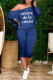 Blue Casual Letter Print Basic Oblique Collar Long Sleeve Two Pieces