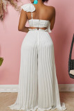 White Sexy Solid Patchwork Flounce Fold Oblique Collar Sleeveless Two Pieces