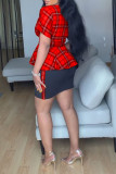 Red Casual Plaid Print Patchwork V Neck Short Sleeve Two Pieces