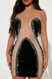 Black Sexy Patchwork Hot Drilling See-through O Neck Sleeveless Dress Dresses
