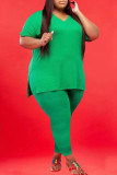 Green Casual Solid Slit V Neck Plus Size Two Pieces