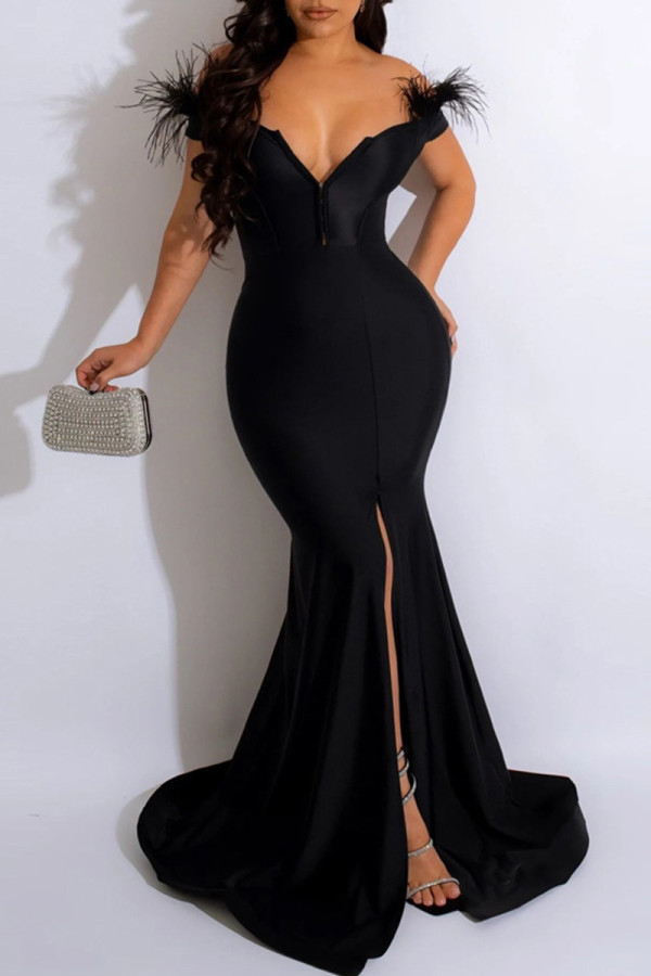 Black Sexy Formal Solid Patchwork Feathers Slit V Neck Evening Dress Dresses