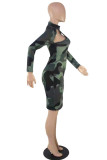 Grey Sexy Casual Letter Camouflage Print Hollowed Out Turtleneck Long Sleeve Dresses
