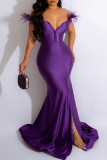 Purple Sexy Formal Solid Patchwork Feathers Slit V Neck Evening Dress Dresses