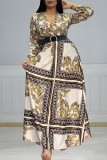 Apricot Casual Print Patchwork With Belt V Neck Long Sleeve Plus Size Dresses