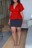 Red Casual Plaid Print Patchwork V Neck Short Sleeve Two Pieces