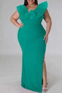 Green Sexy Solid Patchwork Slit V Neck Long Dress Plus Size Dresses
