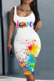 White Yellow Sexy Casual Print Basic U Neck Vest Dress Dresses