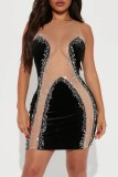 Black Sexy Patchwork Hot Drilling See-through O Neck Sleeveless Dress Dresses