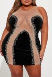 Black Sexy Patchwork Hot Drilling See-through O Neck Sleeveless Dress Dresses