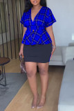 Red Casual Plaid Print Patchwork V Neck Short Sleeve Two Pieces