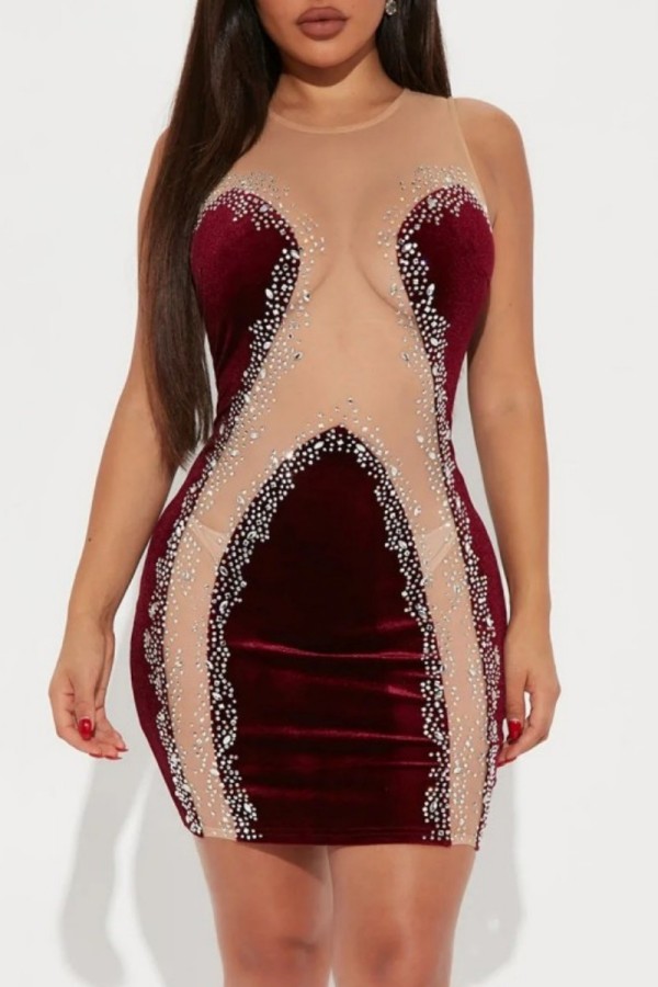 Burgundy Sexy Patchwork Hot Drilling See-through O Neck Sleeveless Dress Dresses