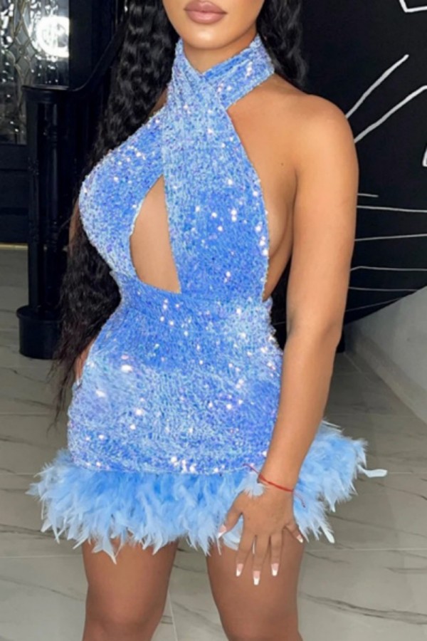 Blue Sexy Patchwork Sequins Backless Halter Sleeveless Dress Dresses