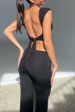 Dark Gray Sexy Casual Solid Bandage Backless O Neck Tops