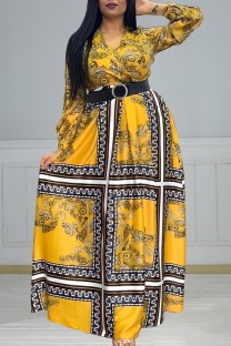 Ginger Casual Print Patchwork With Belt V Neck Long Sleeve Plus Size Dresses