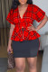 Red Casual Plaid Print Patchwork V Neck Short Sleeve Two Pieces