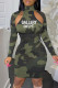 Army Green Sexy Casual Letter Camouflage Print Hollowed Out Turtleneck Long Sleeve Dresses