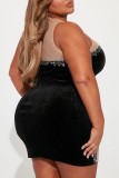 Black Sexy Patchwork Hot Drilling See-through O Neck Sleeveless Dress Dresses
