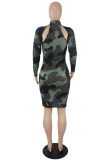 Army Green Sexy Casual Letter Camouflage Print Hollowed Out Turtleneck Long Sleeve Dresses