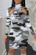 Grey Sexy Casual Letter Camouflage Print Hollowed Out Turtleneck Long Sleeve Dresses