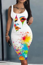 White Sexy Casual Print Basic U Neck Vest Dress Dresses