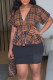 Coffee Casual Plaid Print Patchwork V Neck Short Sleeve Two Pieces