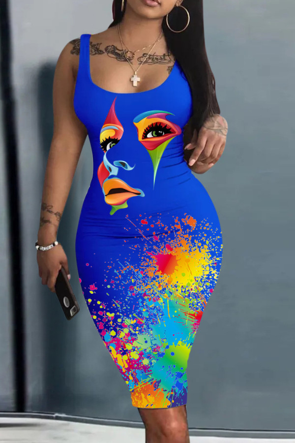 Blue Sexy Casual Print Basic U Neck Vest Dress Dresses
