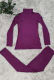 Dark Purple Fashion Casual Solid Basic Turtleneck Long Sleeve Two Pieces