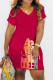 Red Casual Print Basic V Neck Short Sleeve Dress