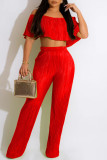 Tangerine Red Sexy Solid Patchwork Fold Off the Shoulder Half Sleeve Two Pieces
