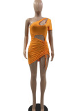 Black Sexy Solid Hollowed Out Patchwork Draw String Asymmetrical Collar Pencil Skirt Dresses