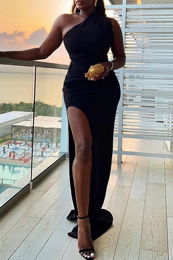 Black Sexy Solid Patchwork Slit Oblique Collar Long Dress Dresses