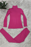 Rose Red Fashion Casual Solid Basic Turtleneck Long Sleeve Two Pieces