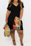 Red Casual Print Basic V Neck Short Sleeve Dress