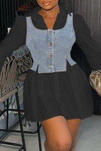 Black Casual Solid Patchwork Shirt Collar Long Sleeve Two Pieces