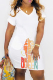 Red Casual Print Basic V Neck Short Sleeve Dress