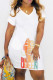 White Casual Print Basic V Neck Short Sleeve Dress